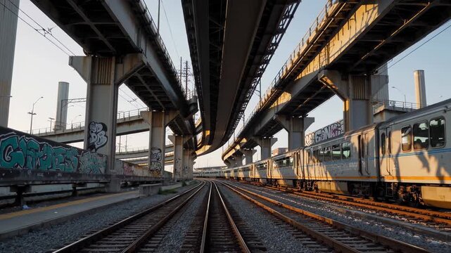 Urban scene featuring train tracks leading towards an overpass structure. Creating a complex repeating pattern with trains docked at an industrial platform. Illustrating modern transportation networks