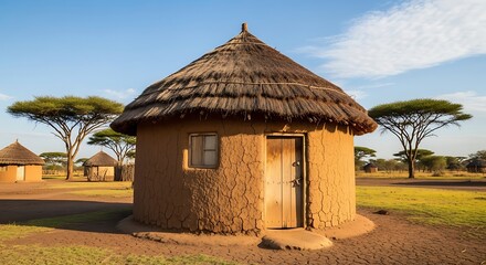 A traditional african hut with a thatched roof in a rural setting