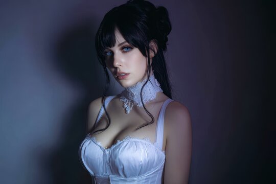 White themed portrait of a Hestia cosplayer