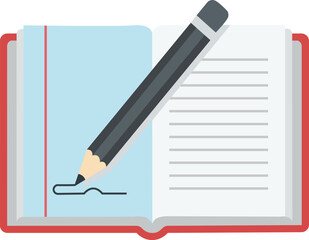 Flat vector illustration of an open notebook with a pencil writing a signature representing education learning and creativity