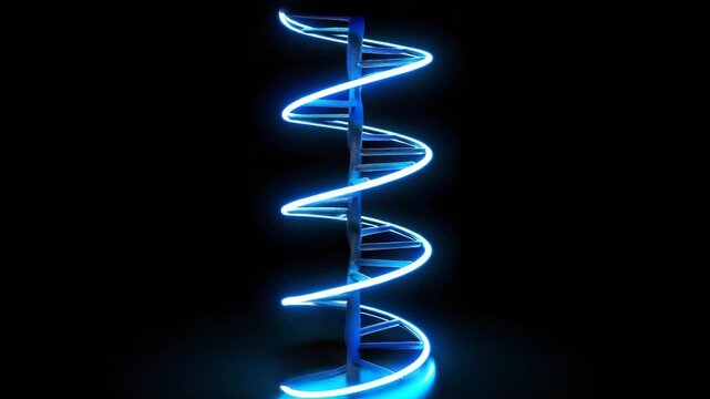 Bright blue DNA model glowing in artistic display at science event