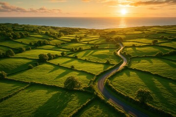 Verdant Azores hills and patchwork meadows glowing at sunset with ocean glimpses and winding lanes capturing the timeless magic of Sao Miguel island