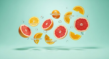 Fresh Citrus Fruit Slices Floating in MidAir on Light Blue Background.