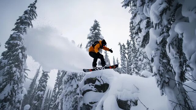 Snowboarder jumps high above snowy trees in winter wonderland