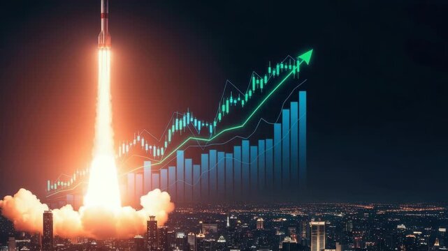 powerful rocket launches from bustling city at night fiery exhaust illuminating the scene Above vibrant financial charts with an upward green arrow and bar/candlestick patterns symbolize rapid market