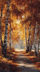 Fototapeta premium The golden pathway: an autumnal alley of birch trees and frosted fields. Thriller poster. Golden leaves and misty horizons: an autumnal birch lined scenic route. Advertising photo.