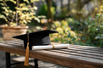 A graduation cap resting on a wooden bench, symbolizing academic success with a soft background. wellbeing guides.