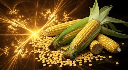 Still life of corn with abstract golden light and scattered kernels