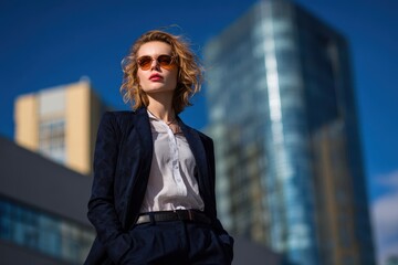 Fototapeta premium Woman in a suit against office skyscrapers