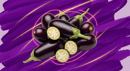 A group of eggplants with slices on a purple abstract background
