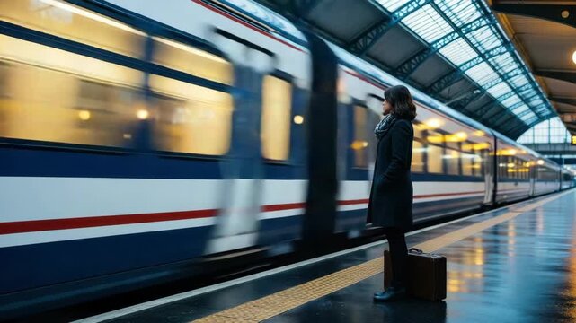 woman in dark coat scarf and boots stands on reflective wet platform with brown suitcase observing blue white and red train with blurred windows speeding past inside structured station