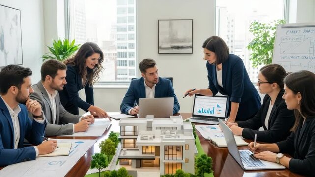 Professionals in modern meeting room Six people two men and four women discuss real estate project examining house model laptops with data and documents on large wooden table