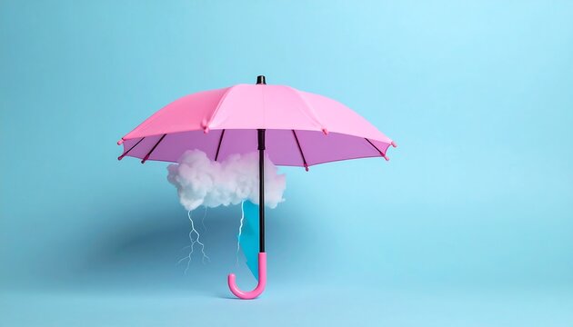Pink umbrella, cloud, lightning, light blue background