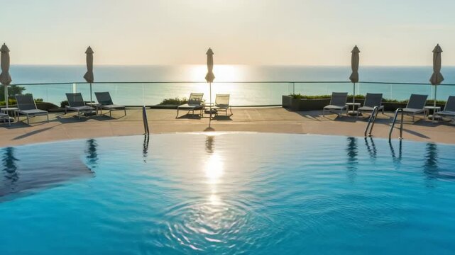 infinity pool with blue tiled edges overlooks shimmering ocean at sunset Multiple sun loungers and closed umbrellas are set on deck with sunlight reflecting on the water
