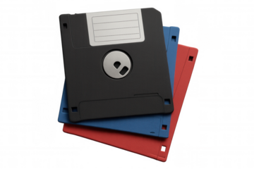 Floppy disk stack, 3.5 inch diskette for data storage, retro technology, computing nostalgia, transparent background