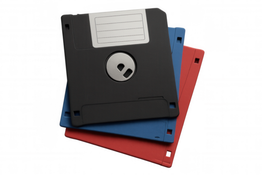 Floppy disk stack, 3.5 inch diskette for data storage, retro technology, computing nostalgia, transparent background - Powered by Adobe