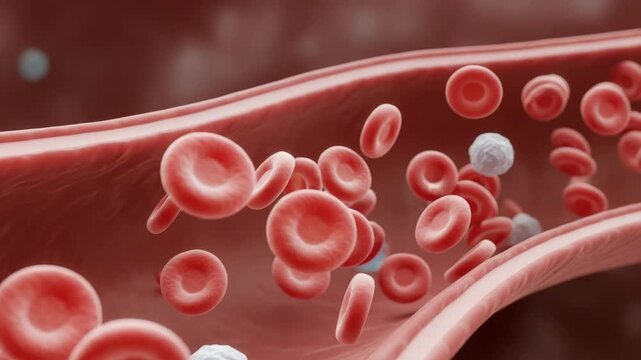 Detailed 3D visualization of blood vessels interior showing many biconcave red cells and fewer irregular white cells flowing through the reddish tubular structure of the vein/artery