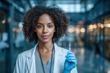 Young Black female doctor at the hospital with a syringe poised for injection