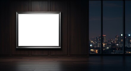 A dramatic, upscale interior featuring dark wood walls with a framed canvas at night.