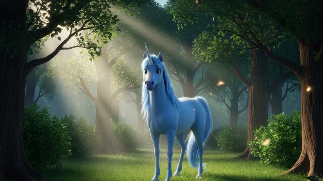 light blue unicorn with flowing mane stands gracefully in an enchanted forest Sunbeams filter through tall trees illuminating lush green grass bushes and glowing fireflies