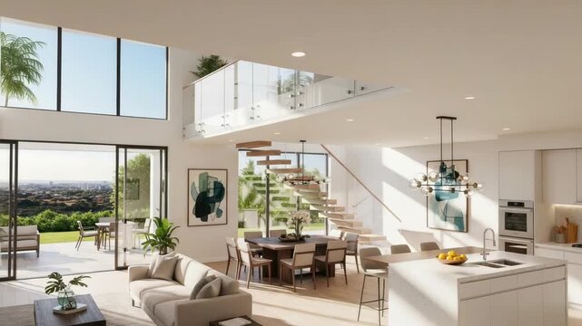 bright modern open-plan home featuring living room dining area and kitchen It includes floating staircase glass mezzanine large windows overlooking city and garden patio