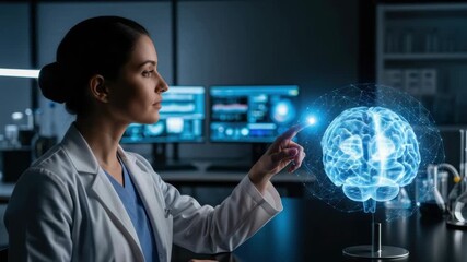focused female scientist in white lab coat and blue scrubs interacts with glowing networked holographic brain highlighting research in dark high-tech lab with digital screens - Powered by Adobe