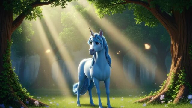 blue unicorn with flowing mane stands gracefully in sun-dappled enchanted forest clearing Light rays pierce through leafy green trees illuminating vibrant grassy meadow dotted with tiny flowers