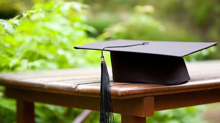 A graduation cap resting on a wooden bench, symbolizing academic success with a soft background. wellbeing guides.