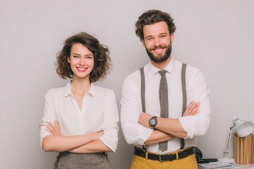Fototapeta premium Young male and female entrepreneurs in an office setting Studio image