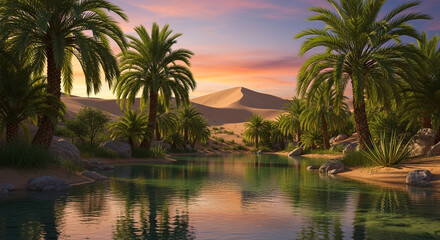 An oasis in the sahara desert at sunset, with palm trees reflecting in the calm water, creating a tranquil scene of natures beauty and serenity