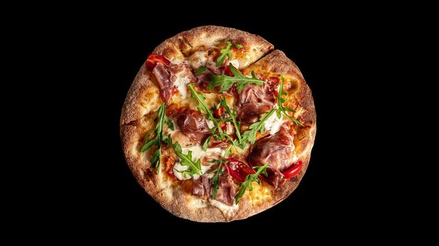 Prosciutto pizza with strachatella cheese, tomatoes and arugula leaves, top view, closeup object. Rotating on black background