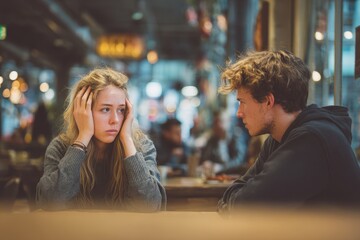 Young pair bickering at a cafe Issues in their relationship
