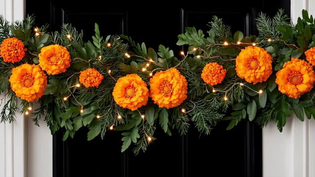 Diwali Festive Garland of Bright Marigold Flowers and Greenery Adorning Black Door with Twinkling Lights