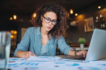 Young woman examining sales chart on laptop