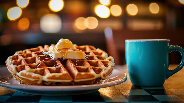 Delicious waffle with butter and syrup next to a blue coffee mug on a table.