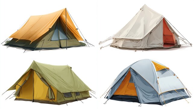 Four diverse tents displayed, showcasing various colors, styles, and designs suitable for outdoor adventures