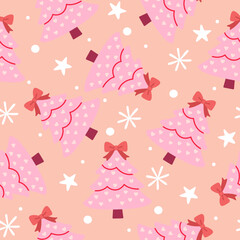 Pink Christmas Tree Seamless Pattern. Coquette Romantic Holiday background. Cute Pastel colored vector illustration in flat style.