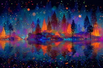 Enchanting autumn symphony in the heart of the forest. Smart grid. Vibrant autumnal wonder: golden foliage and dense morning mist. Technological mesh. Intelligent network.