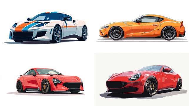 Four colorful illustrations showcasing sleek sports cars in various vibrant colors and dynamic poses
