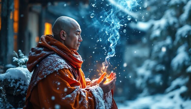 Bald Monk in Snow Performing Mystical Ritual with Glowing Energy