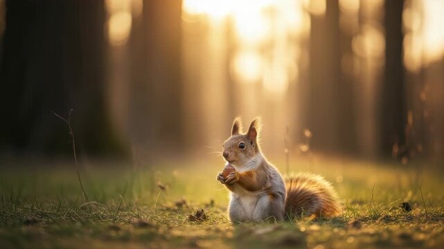 charming red squirrel sits on lush forest ground clutching an acorn with tiny paws Warm golden light streams through blurred trees serene natural ambiance