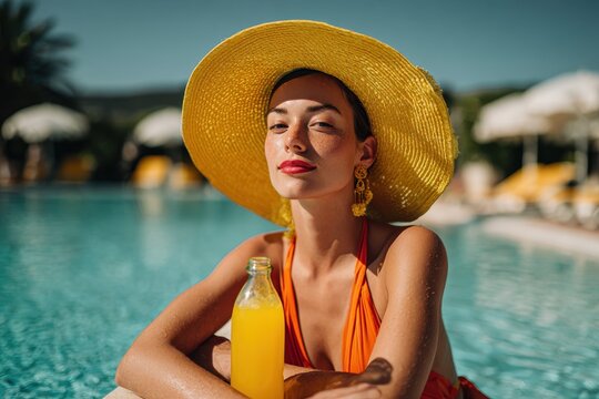 Woman in a swimsuit and large yellow hat lounging by the pool with a refreshing drink
