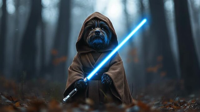 Dog Jedi master in forest with lightsaber, ready for battle. Fantasy concept.