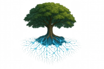 Tree roots forming digital circuit, concept of nature and technology connection, ai growth, transparent background