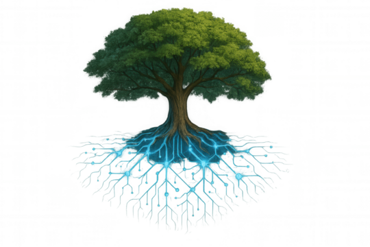 Tree roots forming digital circuit, concept of nature and technology connection, ai growth, transparent background