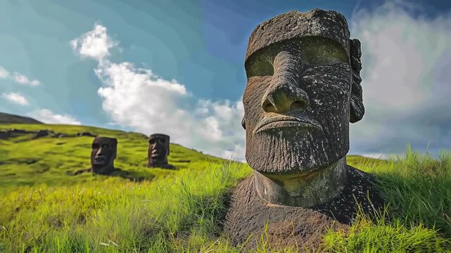 Majestic Moai statues stand on Easter Island, under a blue sky. Ancient mystery.