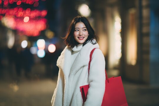 Appealing Asian woman in a white winter coat holding a red shopping bag on a street ideal for holiday themed designs