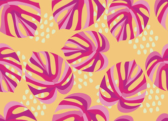 Seamless Tropical Monstera Leaf Pattern on Yellow Background, Botanical pattern, vector art