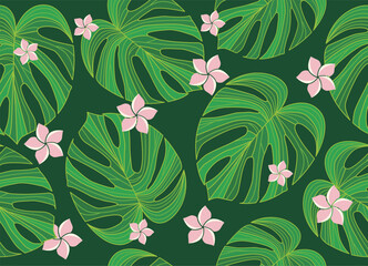 Seamless Tropical Monstera Leaf and plumeria Pattern on Green Background, Botanical pattern, vector art