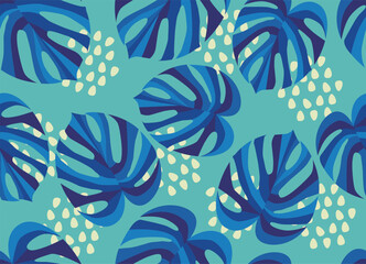 Seamless Tropical Monstera Leaf Pattern on Blue Background, Botanical pattern, vector art